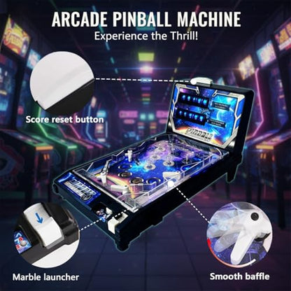 Electronic Tabletop Pinball Game, Retro Arcade Pinball Machine with Lights Sounds and Scoreboard, Portable Desktop Ball Shooting Toy for Kids