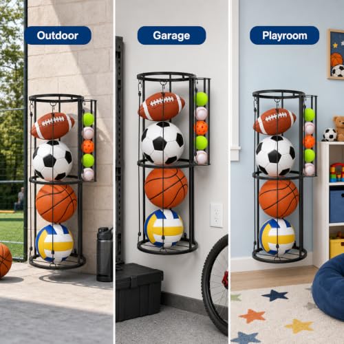 Garage Ball Storage Rack Wall Mount, Vertical Sports Ball Organizer with Small Ball Holder Basketball Soccer Volleyball Football Holder, Space Saving Metal Ball Rack for Garage, Gym, Playroom