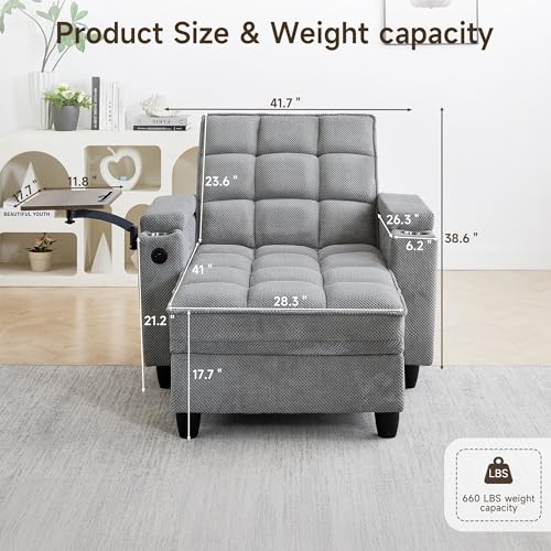 oaaktu Modern Tufted Linen Fabric Chaise Lounge Sofa Chair with Rotating Side Table,Storage,Pillow,USB Charging Ports and Adjustable Backrest Perfect for Living Room, Small Spaces (12-Light Gray) - color: 12-light Gray