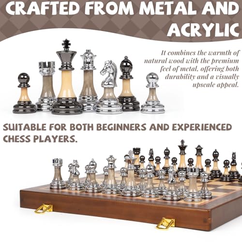 Luxury Large Chess Set 17 Inch Wooden Chess Board with Metal and Acrylic Chess Pieces, 3.5" King, 2 Extra Queens, Foldable Tournament Chess Set for Adults and Kids, Gift Display Chess Game Collection