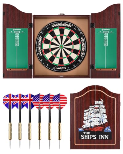 Dart Board Cabinet Set for Adults, 18-inch Sisal Dartboard with 6 Steel Tip Darts