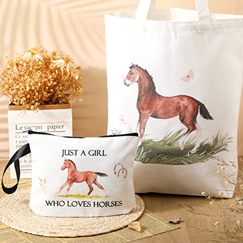 Sieral 2 Pcs Animal Lover Bag Gift for Women Travel Canvas Tote Portable Zipper Pouch Canvas Reusable Grocery Tote - style: Horse