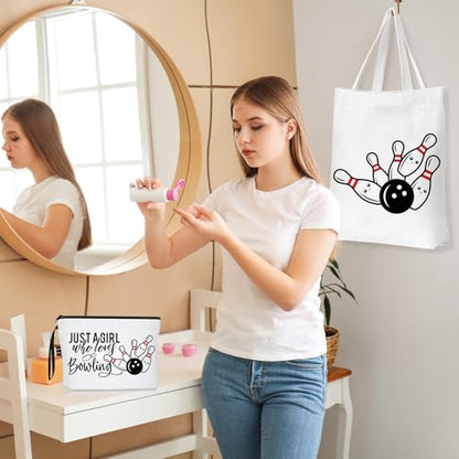 Sieral 2 Pcs Animal Lover Bag Gift for Women Travel Canvas Tote Portable Zipper Pouch Canvas Reusable Grocery Tote - style: Bowling