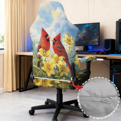 Suobstales Cardinal Lily Flower Print Gaming Chair Covers Cat Scratch Proof Stretch Gaming Chair Seat Covers with Armrest Cover, Anti-Scratch Protection for Ergonomic Game Rotating Office Chair - color: Cardinal Lily Flower