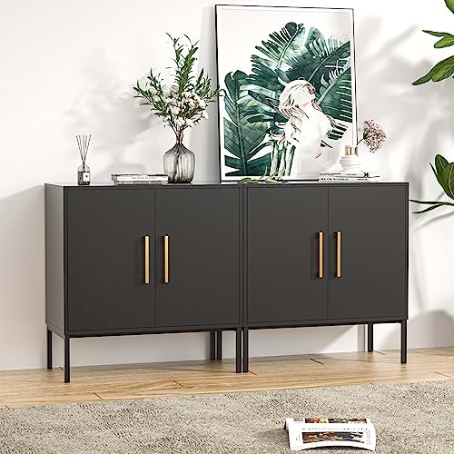 LYNSOM Storage Cabinet with Doors, Set of 2, Modern Buffet Cabinet with Storage, Kitchen Sideboard Buffet, Black Wood Accent Cabinet for Living Room, Bedroom, Hallway, Entryway, Office, Black - color: Black, size: 2 Pack