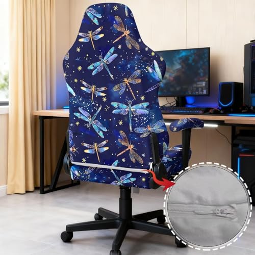 Suobstales Dragonfly Star Pattern Stretchable Gaming Chair Cover, Washable Anti-Scratch Slipcover with Armrest Protection, Cat Scratch Proof for Office and Computer Chairs - color: Dragonfly Star