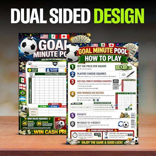 2026 World Cup Goal Minute Pool Game (37x26cm) – Soccer Tournament 100 Square Board - 10 Sheet Set Select Random Numbers - 4 Goal Tracking Prize Pool