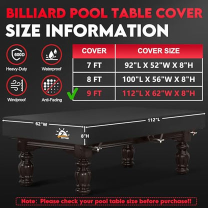 Zettum Pool Table Cover - Billiard Table Covers, 600D Waterproof & Heavy Duty Covers for Billiard Pool Table, Scratch-Proof UV Protection Snooker Furniture Table Cover - 9 Feet - size: 9FT - 112"L x 62"W x 8“H