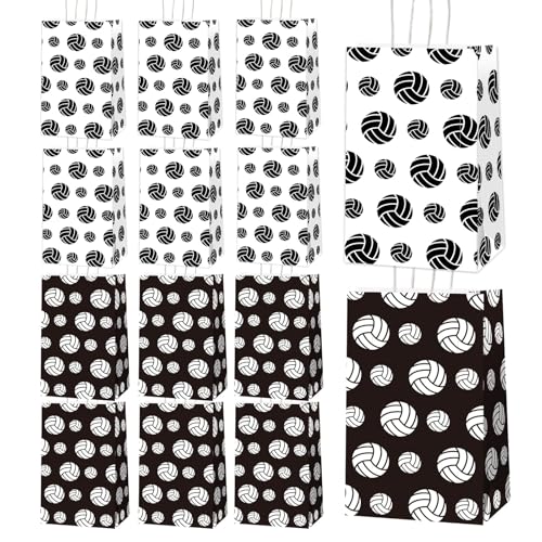 chiazllta 12 Pcs Volleyball Gift Bags for Team Black White Party Favor Paper Snack Goody Treat Bag with Handle Kids Boys Volleyball Kraft Candy Bags for Sport Theme Birthday Party Decorations Supplies - style: Volleyball