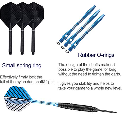 Darts Metal Tip Set - 3 Pack Professional 22 Grams Steel Tip Darts with Slim Case Black Purple Blue Aluminum Shafts 9 Flights 50 Rubber O'Rings 1 Dart Sharpener 12 Spring Rings - color: 22 Grams - blue