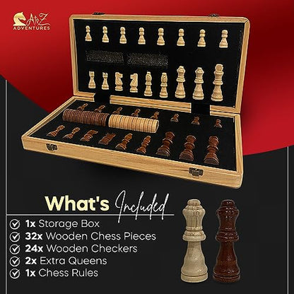 Magnetic Chess Set with Checkers - 15" (2 in 1) Folding Wooden Chess Sets for Adults & Kids with 2 Extra Queens | Travel Chess Board Game Set with Chess Pieces Storage Slots, Luxury Gift with Storage