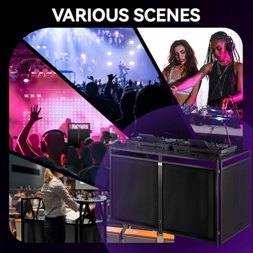 Portable DJ Booth Table,56''x28" Foldable DJ Table Stand Portable with White & Black Scrim,Adjustable D J Facade Tabl e Station Metal Frame D J Tabl e with Cable Hole for Private Events, Clubs, Bars - size: 56 x 28