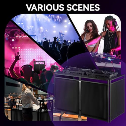 Portable DJ Booth Table,56''x28" Foldable DJ Table Stand Portable with White & Black Scrim,Adjustable D J Facade Tabl e Station Metal Frame D J Tabl e with Cable Hole for Private Events, Clubs, Bars - size: 56 x 28