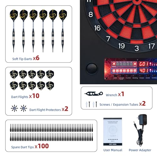 Electronic Dart Boards with Metal Case for Adults, Electric Dart Board with 6 Soft Tip Darts, Electronic Digital Dartboard Automatic Scoring, with Voice, LCD Screen, 25 Games for 1-8 Players