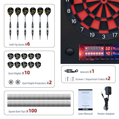 Electronic Dart Boards with Metal Case for Adults, Electric Dart Board with 6 Soft Tip Darts, Electronic Digital Dartboard Automatic Scoring, with Voice, LCD Screen, 25 Games for 1-8 Players