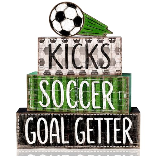 DIYDEC 4Pcs World Cup Tabletop Decorations Soccer Wooden Block Signs Gift RusticSoccer Goal Tiered Tray Decor World Cup Table Centerpiece for Home Office Tabletop Fireplace Party Decor - style: Soccer
