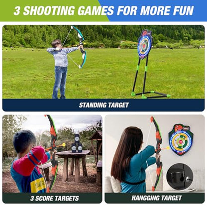 HYES 2 Pack Kids Bow and Arrow, LED Light Up Archery Set with 24 Suction Cup Arrows, Indoor Outdoor Sport Dinosaur Toys Gifts for 3 4 5 6 7 8 9 10 11 12 Year Old Boys Girls - size: 2 pack-led standing target
