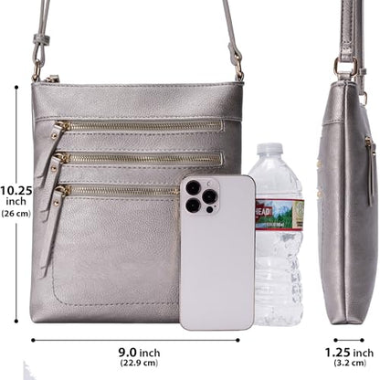 Solene Crossbody Bag Functional Multi Pocket Messenger Purse Top Zip Closure Shoulder Handbag With Adjustable Strap - color: Lt. Pewter