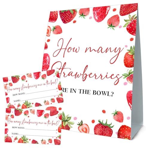 Strawberry Baby Shower Games, Strawberry Decorations for Bridal Shower, Guess How Many Strawberries Are in the Jar, Party Games & Activities 50 Cards and Sign - size: 5" x 7"