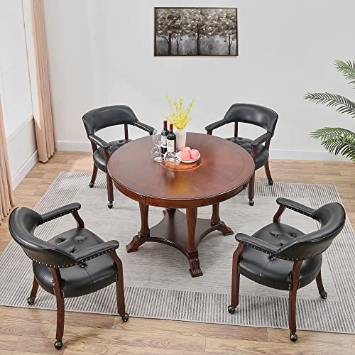 Set of 4 Dining Chair with Casters, Accent Captains Leather Chairs with Wheels & Arms,Wheeled Roller Wood Chairs for Kitchen & Game Poker Table,rCherry&Black 1533BK(NO Table!) - color: Cherry&black