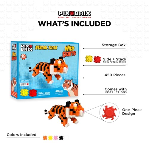 Pix Brix - Pixel Art Kit - Bengal Tiger, 450 Pieces - Patented Slide + Stack Pixel Puzzle Building Bricks, Build & Collect Animals - Stem Toys, Ages 6 Plus - style: Bengal Tiger