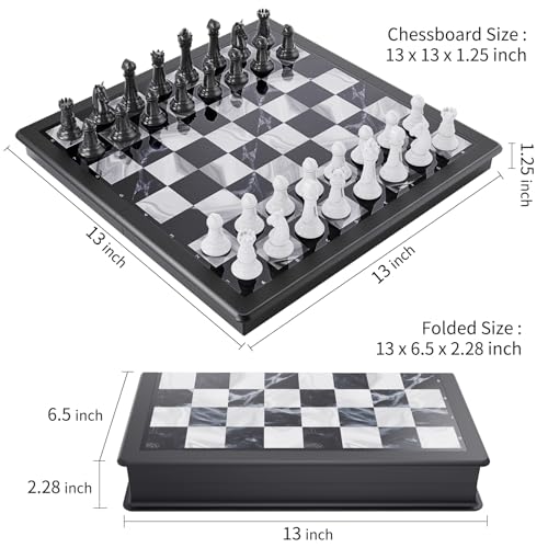 2-in-1 Chess Set and Magnetic Checkers Set - Foldable 13-inch Travel Board Game, Durable Plastic, Puzzle and Strategy Toys for Kids and Adults - color: Black and White