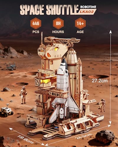 ROBOTIME 3D Space Shuttle Wooden Puzzle for Adults, Dynamic Rocket Launch Model Building Kits with Lights, AS Home Desktop Decoration for Men Gifts (446 Pieces,8 Hours Finished)