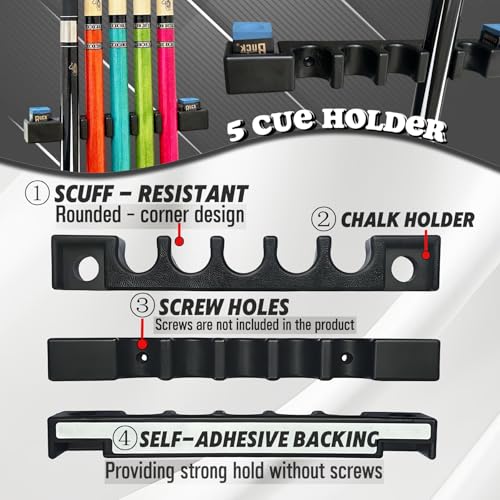 Wall Mounted Pool Cue Holder, self-adhesive Pool Cue stick Rack, Holds 5 Cues and 2 Chalk, Durable Rubber Billiard Cue Holder, Stick Holder for Pool Cues, Pool Cue Holder Claw