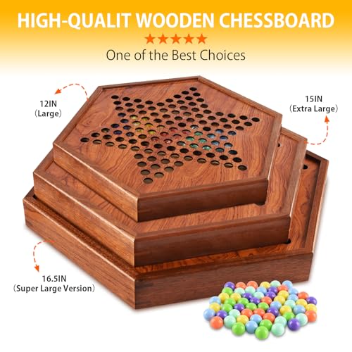 Large Chinese Checkers Upgraded Version Wooden Game Board, 16mm 60+12 Colorful Acrylic Marbles, Easy Grasping for Adults and Kids, with Storage Drawer, Fun for Family Gathering (15in.)