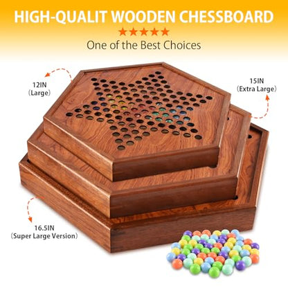 Large Chinese Checkers Upgraded Version Wooden Game Board, 16mm 60+12 Colorful Acrylic Marbles, Easy Grasping for Adults and Kids, with Storage Drawer, Fun for Family Gathering (15in.)