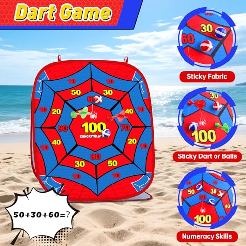 4-in-1 Spider Bean Bag Toss Game for Kids, Kids Cornhole Game Set Indoor Outdoor Toys for Boys Girls Ages 3-8, Football Toss Sticky Ball Dart Game, Backyard Lawn Beach Birthday Party Gift