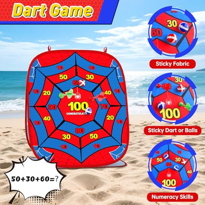 4-in-1 Spider Bean Bag Toss Game for Kids, Kids Cornhole Game Set Indoor Outdoor Toys for Boys Girls Ages 3-8, Football Toss Sticky Ball Dart Game, Backyard Lawn Beach Birthday Party Gift
