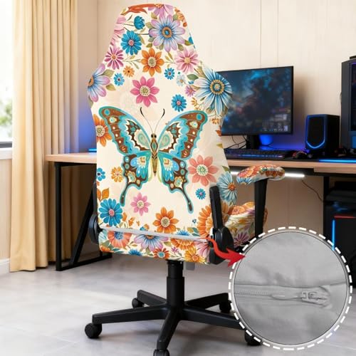 Butterfly Flower Print Gaming Chair Covers with Armrest Covers Dust-Proof Soft Stretchy Gamer Chair Cover Universal Fit Office Desk & Racing Computer Chairs - color: Multi - Butterfly Flower