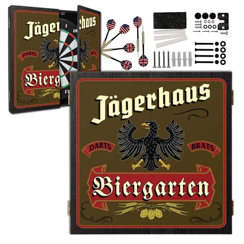Personalized Dart Board Cabinet Set with 6 Steel Tip Darts, Paper Dartboard, Chalk & Eraser (21.5 x 21.5 x 2.75) - Man Cave Dart Boards for Adults - style: Biergarten