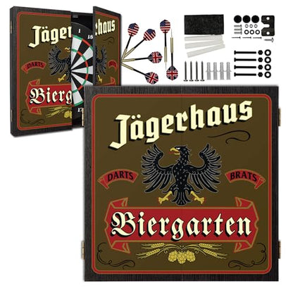 Personalized Dart Board Cabinet Set with 6 Steel Tip Darts, Paper Dartboard, Chalk & Eraser (21.5 x 21.5 x 2.75) - Man Cave Dart Boards for Adults - style: Biergarten