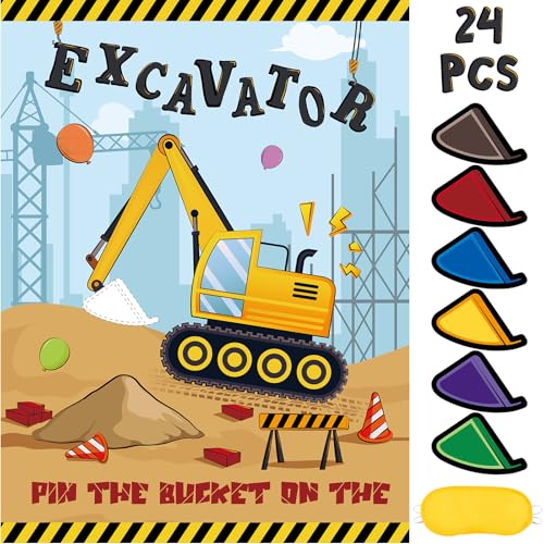 WERNNSAI Pin The Bucket on The Excavator Party Games - Construction Party Supplies Truck Birthday Construction Party Games with 24 Pcs Stickers for Birthday Activities - style: Construction 002
