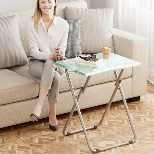 TV Trays Table Set of 4 Portable Folding TV Tray Table TV Dinner Tray with Sturdy MDF, Small Folding Tables with Phone & Tablet Slot, No Assembly Required, 15 x 18.9 x 25.6 in (Sea Blue Marble, 4Pcs) - color: Sea Blue, size: 4PCS