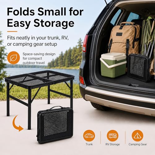 Folding Grill Table Camping Table with Mesh Desktop, Lightweight & Portable Outdoor Picnic Table, Height Adjustable Portable for Outside Inside Use - size: Regular Size