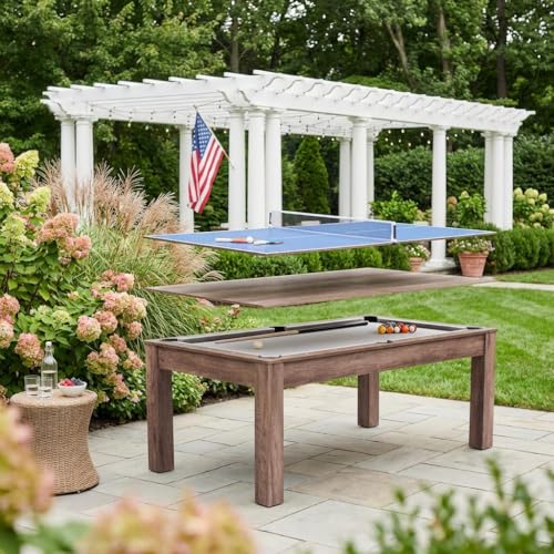 Brown 3 in 1 Outdoor Pool Table with Table Tennis Conversion and Dining Top, Multi-Purpose Game Table for Indoor, Backyard Entertainment