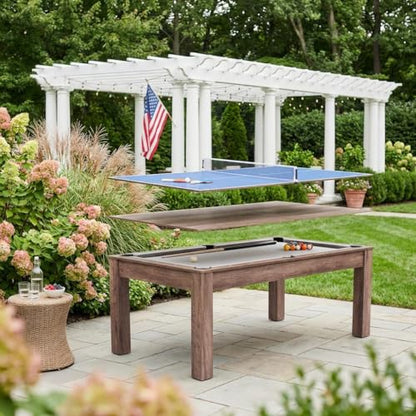 Brown 3 in 1 Outdoor Pool Table with Table Tennis Conversion and Dining Top, Multi-Purpose Game Table for Indoor, Backyard Entertainment