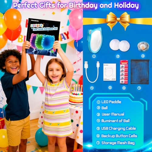 Bundle of 2(Two Paddles(Blue+Green) + Four Balls)-Elecdemic 3D LED Light Up Toss Catch Ball Game Set Toys for Back Yard Outdoor Party Favors Baseball Gift Age 3-12 Years Old Girls Boy Kid Family Adult