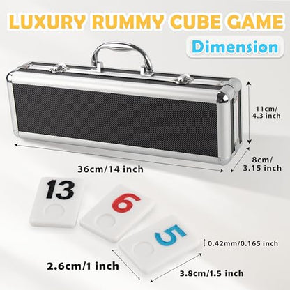 Smilejoy Rummy Cube Game Four Players Edition, Deluxe 106 Tiles Rummy Cube with Portable Aluminum Box, Classic Board Game for Children and Adults,4 Durable Plastic Trays,Timing(2-4 palyers)
