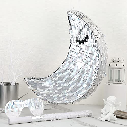 Deekin Silver Moon Piñata Hanging Gender Reveal Piñata Half Moon Decorations with Blindfold and Stick for Birthday Party Supplies, 15.7 x 6.5 x 3 Inches - style: Silver Moon