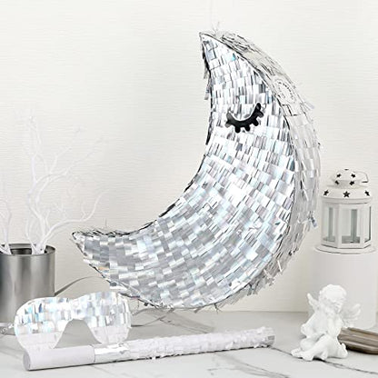 Deekin Silver Moon Piñata Hanging Gender Reveal Piñata Half Moon Decorations with Blindfold and Stick for Birthday Party Supplies, 15.7 x 6.5 x 3 Inches - style: Silver Moon