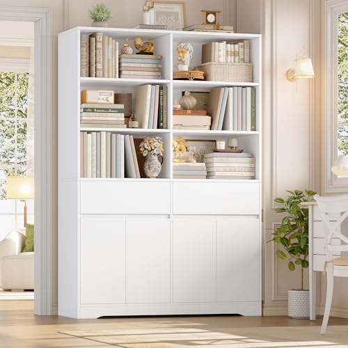 FOTOSOK 69" H × 47.2" W Tall Bookshelf with Doors, 6-Tier Double Wide Bookshelves and Bookcases with Storage, Tall Bookshelf Large Open Book Shelf Storage Cabinets for Home Office - color: White