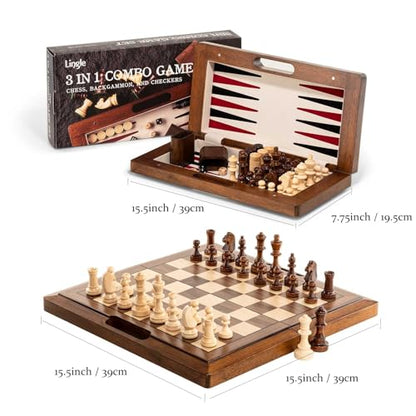 15.5'' Deluxe Solid Wood 3-in-1 Chess Set: Portable Chess, Backgammon, and Checkers with Hollow Handle Box, Folding Board for Travel, Suitable for Adults