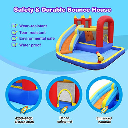 JOYLDIAS Inflatable Water Slide Bounce House,Slide Bouncer Castle Playhouse w/Splash Pool,Jump Area, Climbing Wall,Basketball Hoop,450W Air Blower for Kids Backyard Indoor Outdoor Use,Free Water Gun - color: 5 in 1