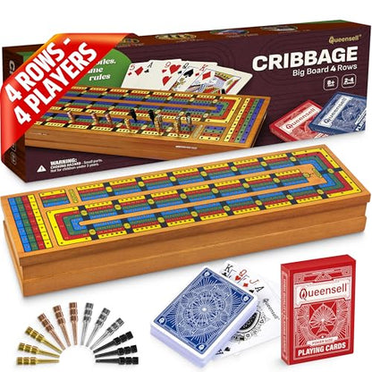 Cribbage Board Game Set with Storage – Wooden 4 Track Cribbage Board for 2–4 Players with Metal Pegs & Playing Cards – Classic Travel & Home Board Game