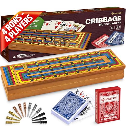Cribbage Board Game Set with Storage – Wooden 4 Track Cribbage Board for 2–4 Players with Metal Pegs & Playing Cards – Classic Travel & Home Board Game