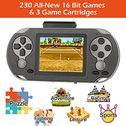 TaddToy 16 Bit Handheld Game for Kids Adults, 3.0'' Large Screen Preloaded 230 HD Classic Retro Video Games with USB Rechargeable Battery & 3 Game Cartridges for Birthday Gift for Kids 4-12 (Black) - color: Black
